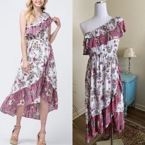 NWT Entro One Shoulder Asymmetrical Floral Ruffle Midi Dress, Pink